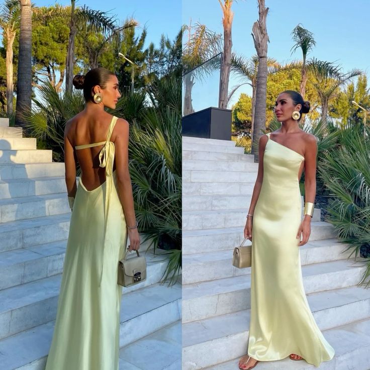 Robe Charmante Sirène Asymétrique Jaune Dos Nu Été 19ème Anniversaire Tenue Élégante Robes Invitées Mariage N4161