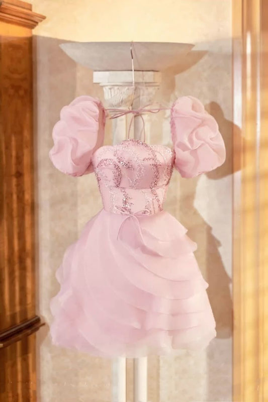 Unique A line Square Pink With Beading Short Mini Hoco & Homecoming Dress Inspo Graduation Dresses RB6493