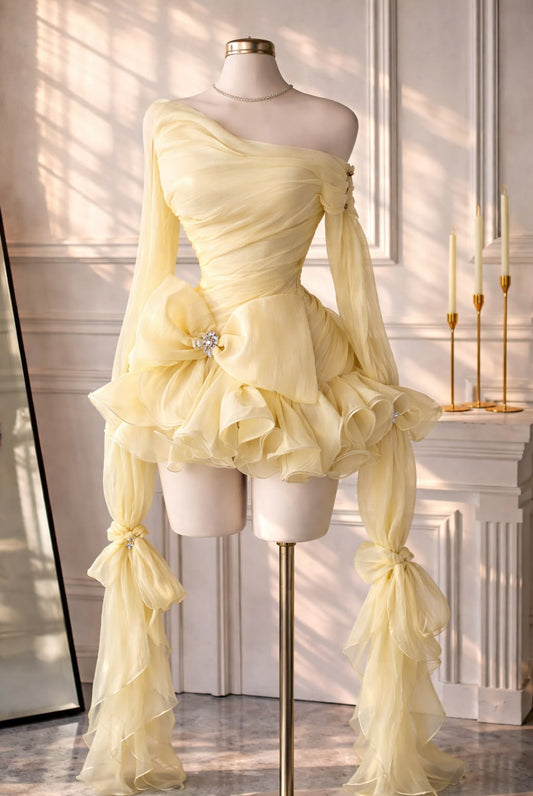 Unique Sheath One Shoulder Yellow With Long Sleeve Short Mini Hoco & Homecoming Dress Inspo Graduation Dresses RB6491