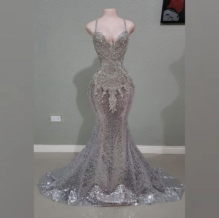 Vintage Prom Dresses Mermaid Spaghetti Straps Silver Sequined Long 80s Party Evening Formal Gown RC1173