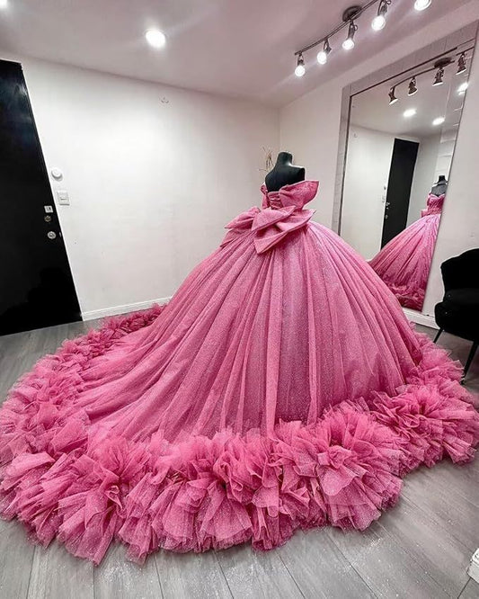 Ball Gown | Elegant Luxury Dress & Chic Fashion Off The Shoulder Hot Pink Quince Dress Tulle Quinceanera Dresses Birthday Outfits RB8238