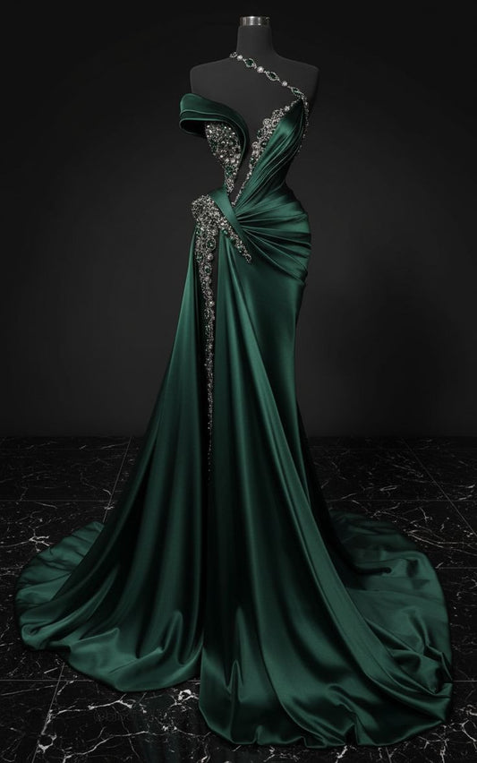 Modest Mermaid Off The Shoulder One Shoulder Dark Green Long Formal Gown Slit Prom Dresses Evening Gowns AB829
