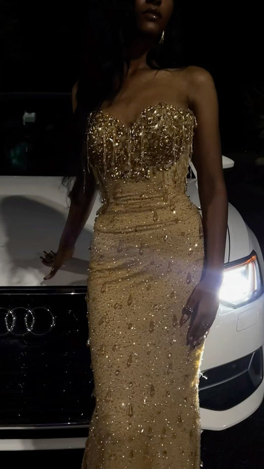 Sexy Mermaid Sweetheart Gold Ruffles For Black Girls Teens Prom Dress With Beadings N1765