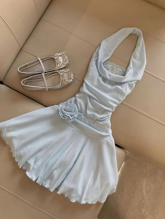 Cute A Line Halter Blue With Flower Hoco Gown Homecoming Dress Mini Party Dresses RB6494