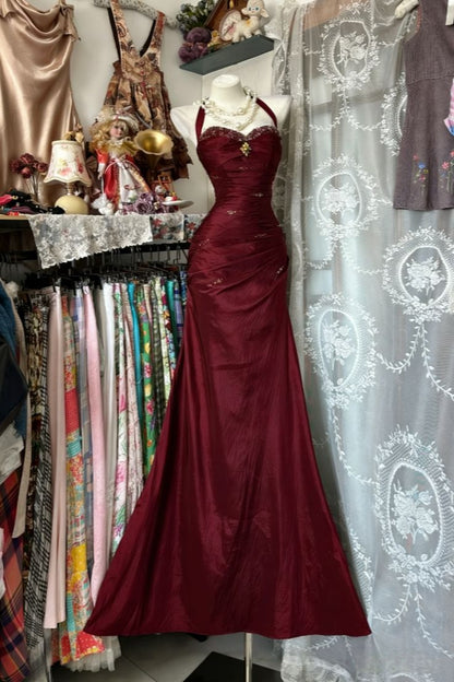 Robe de bal longue fourreau dos nu vintage, robe de soirée bleue en satin perlé, robe d'anniversaire sans manches N783