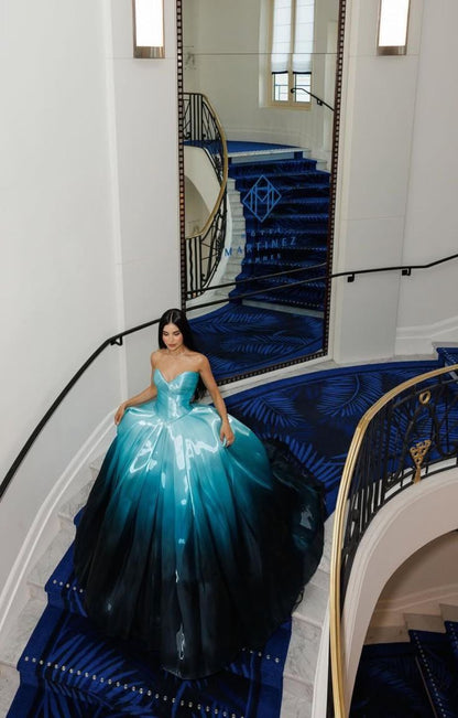 Unique Ball Gown Sweetheart Blue And Black Organza Long Quinceanera Dresses Sweet 15 16 Birthday Gown AB1147