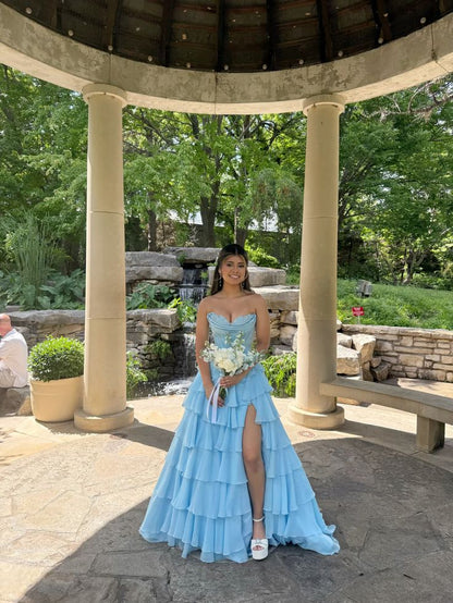 Unique Ball Gown Sweetheart Blue Chiffon Slit Prom Dresses Formal Long Tiered Evening Party Gowns Vestidos De Dia AB580