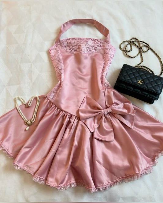 Cute A Line Halter Pink With Bow Satin Hoco Gown Homecoming Dress Mini Party Dresses RB6496