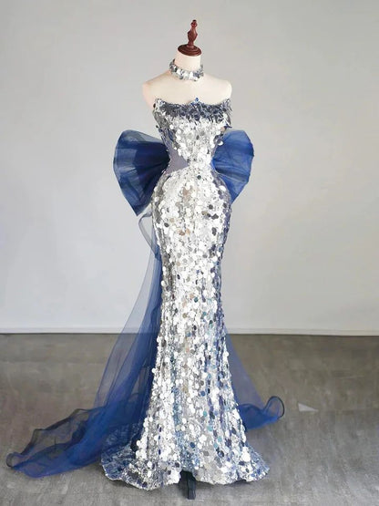 Glitzerndes silbernes Pailletten-Meerjungfrauen-Abendkleid, langes Ballkleid mit Schleife für Teenager, Gymnasien AB1931