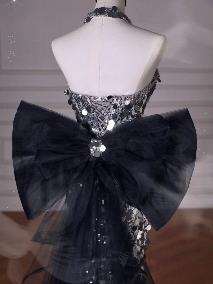 Schwarzes, glitzerndes Pailletten-Tüll-Meerjungfrauen-Abendkleid, trägerlos mit Schleife, für Teenager und Gymnasien AB1932