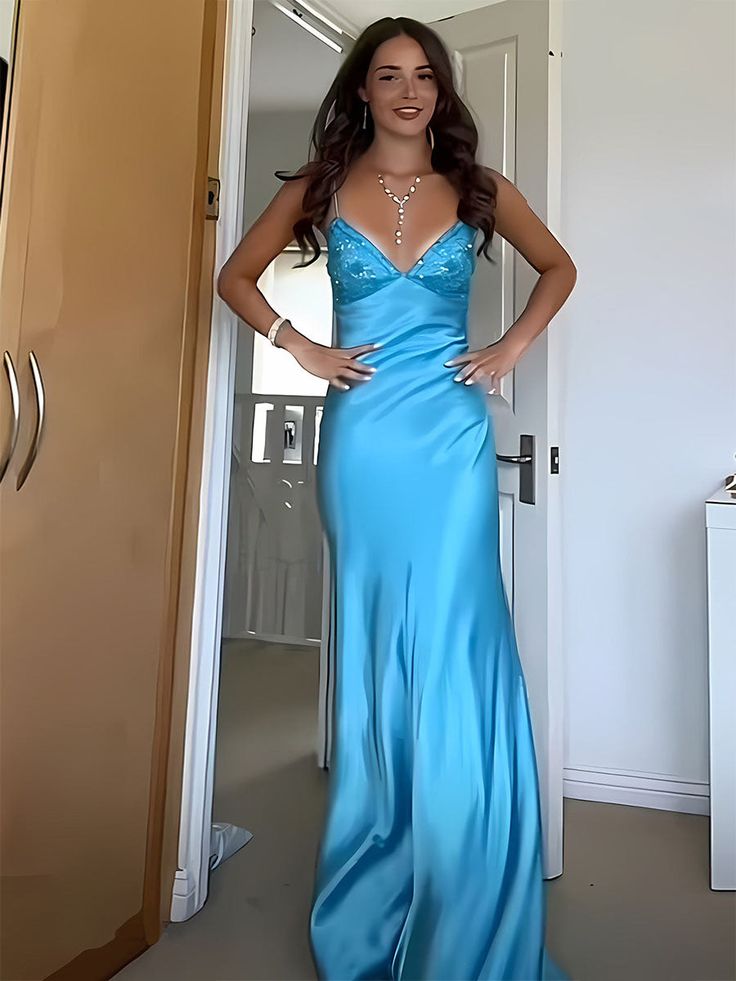 Blue Mermaid V-neck Beaded Back Tie Long Prom Dress Party Dresses For Women AB1476