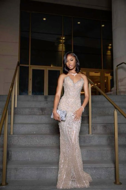 Robe de bal longue à sequins couleur champagne, décolleté cœur, style sirène scintillante, pour jeunes filles noires. Idéale pour les fêtes d'anniversaire et autres occasions spéciales (N373).
