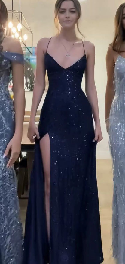 Elegantes Meerjungfrauen-Ballkleid mit V-Ausschnitt, langes formelles Abendkleid, marineblaues Paillettenkleid mit Schlitz, AB802