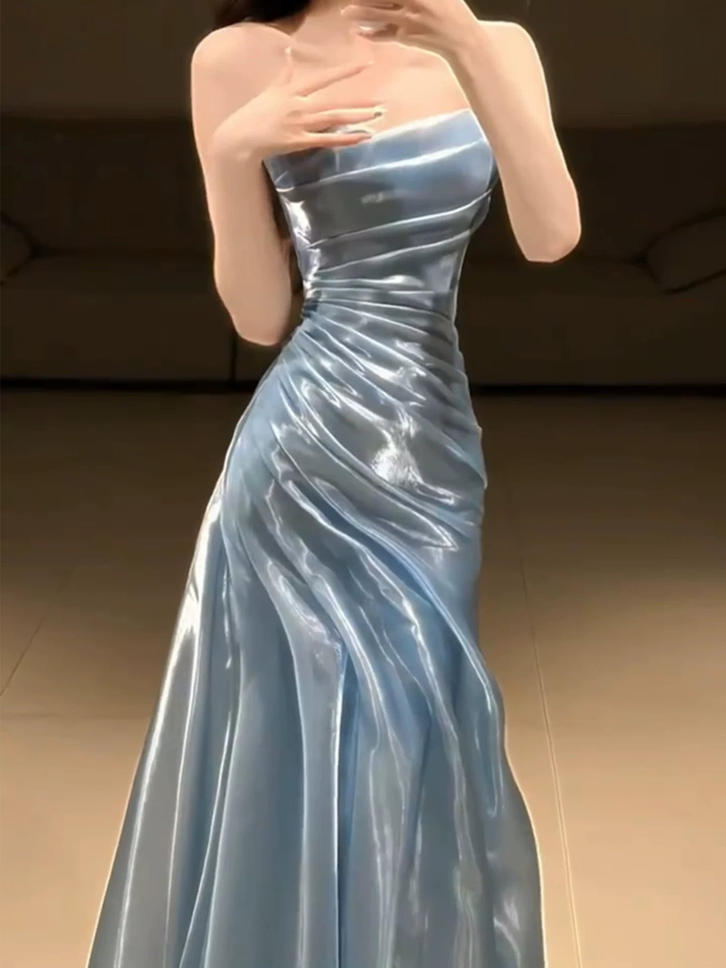 Light Blue Strapless Pleated Prom Dresses Evening Formal Gown Semi Formal Grad Long Prom Dress For Teens AB1993