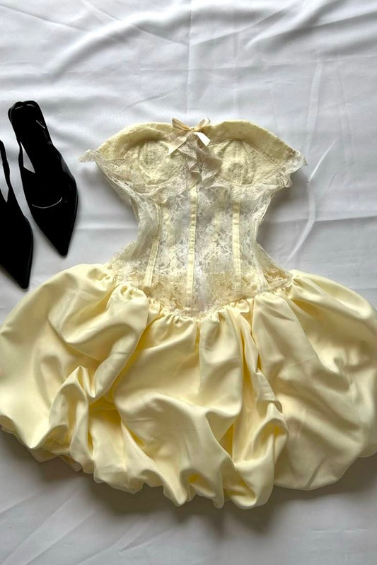 Unique Ball Gown Strapless Yellow Lace With Bow Short Mini Hoco & Homecoming Dress Inspo Graduation Dresses RB6495