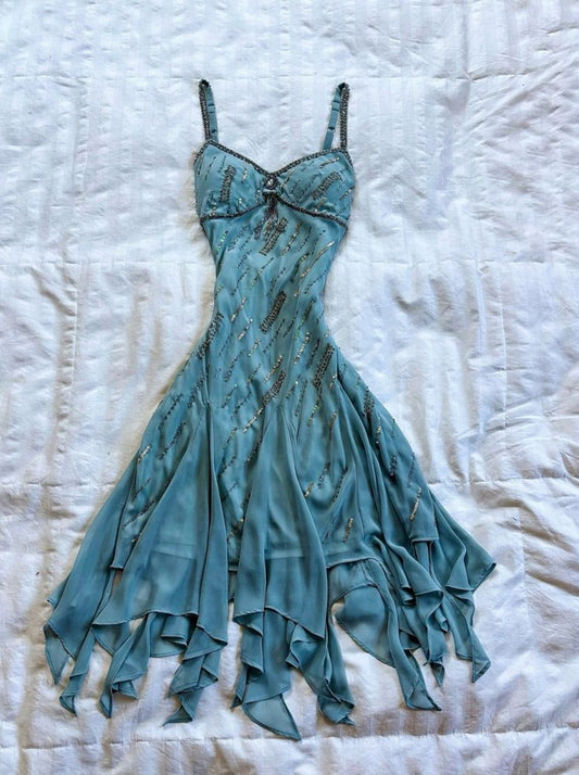 Vintage A Line Spaghetti Straps Short Homecoming Dress Blue With Beading Hoco Dress RB9305