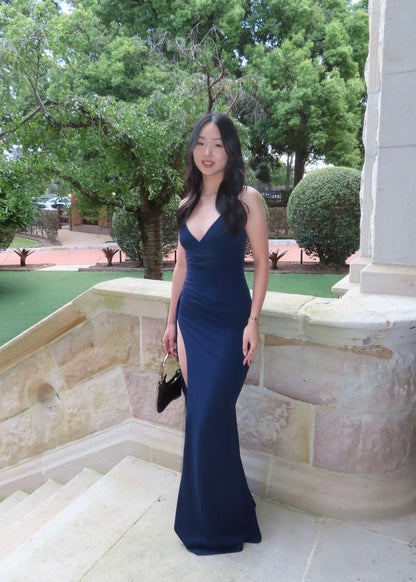 Modest Night Aesthetic Mermaid Spaghetti Straps Navy Blue Prom Graduation Formal Dresses For Teens N1106