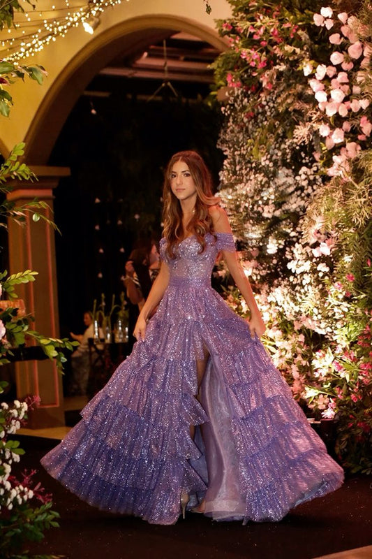 Elegant A line Off The Shoulder Lilac Sequins With Slit Prom Dresses With Ruffles Party Dress Evening Dresses AB1148