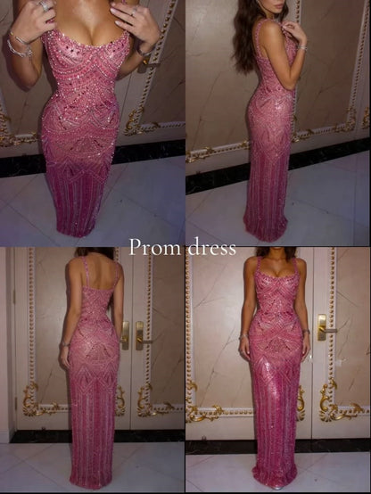 Glitzerndes, pinkes, langes Partykleid mit eckigem Ausschnitt, Abschlussballkleid, Pailletten, Meerjungfrau, Bodycon für Teenager, Mädchen, Frauen N4097