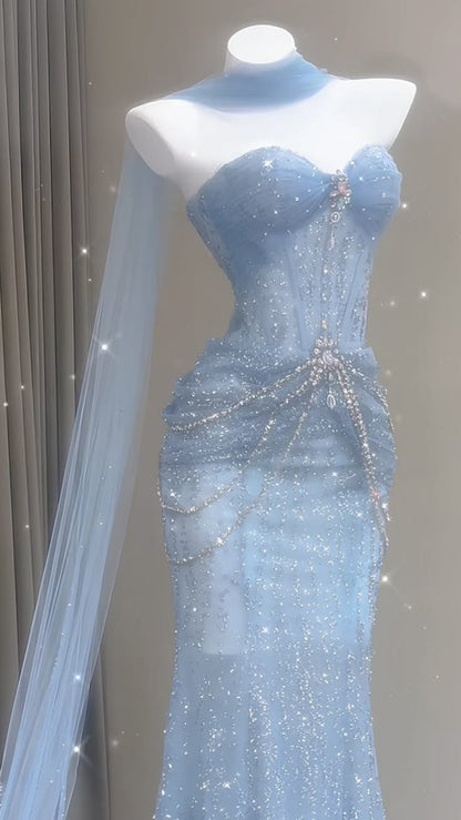 Meerjungfrau-Abendkleid mit Herzausschnitt aus Tüll, langes blaues Ballkleid, figurbetont für Mädchen und Damen N4103