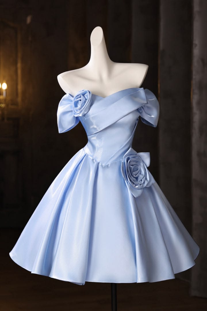 Simple Ball Gown Off The Shoulder Blue Homecoming Dresses Short Length Cocktail Hoco Outfits RB4645