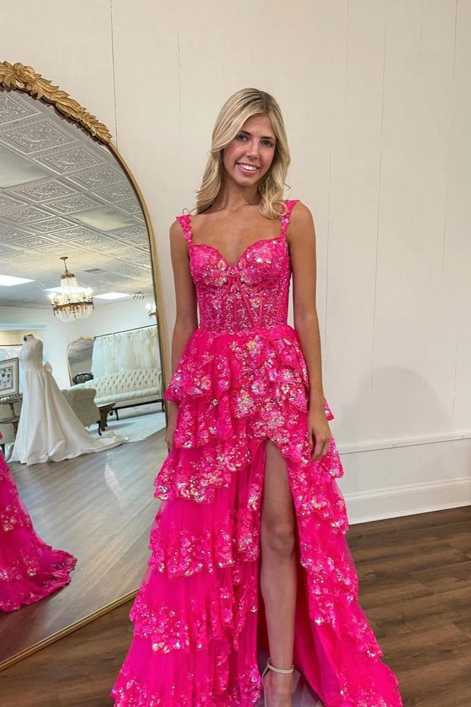Robe de soirée longue en dentelle rose à épaules dénudées et fente, modèle AB480
