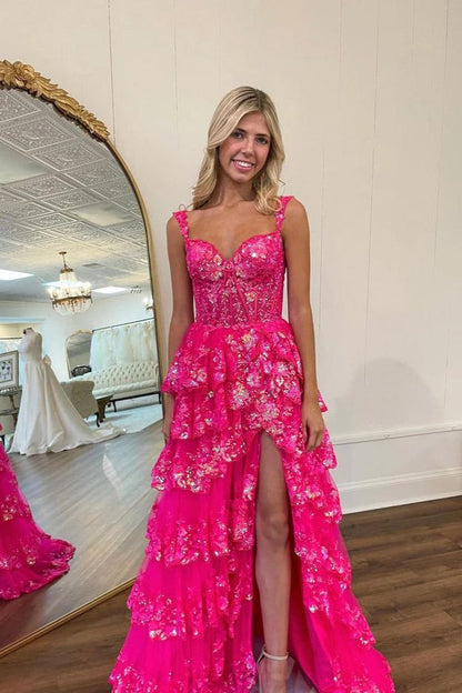 Robe de soirée longue en dentelle rose à épaules dénudées et fente, modèle AB480
