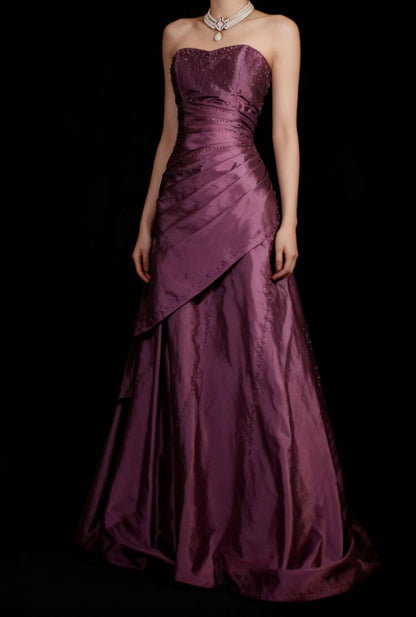 Sweetheart Satin A Line Prom Dress Beaded Formal Evening Dress N1790