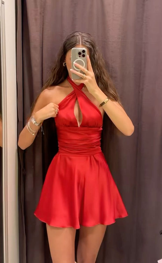 Sexy A line Halter Red Satin With Fold Freshman Short Mini Graduation Dresses Inspo Senior Homecoming Outfits RB4725