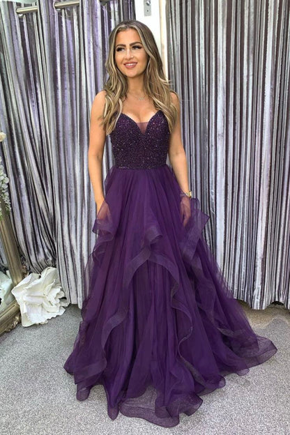 Elegantes, langes A-Linien-Abendkleid aus lila Tüll mit Perlen, formelles Partykleid AB460