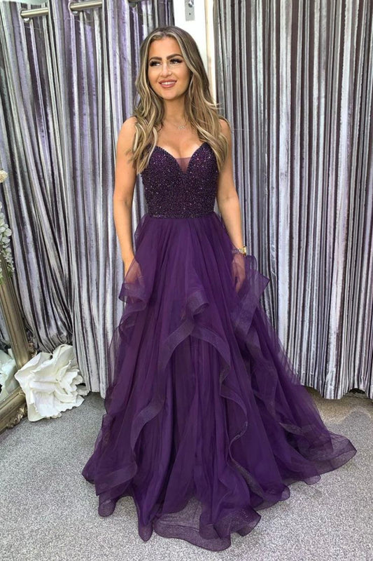 Elegantes, langes A-Linien-Abendkleid aus lila Tüll mit Perlen, formelles Partykleid AB460