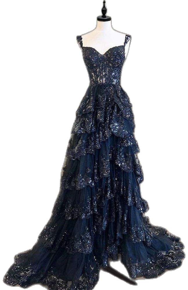 Funkelndes, ärmelloses Pailletten-Ballkleid mit Spaghettiträgern, marineblau, AB457