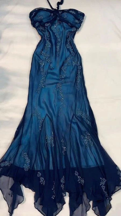 Unique Mermaid Halter Chiffon Navy Blue Long Prom Dresses Dark Blue Formal Gown Inspo Evening Outfit AB726