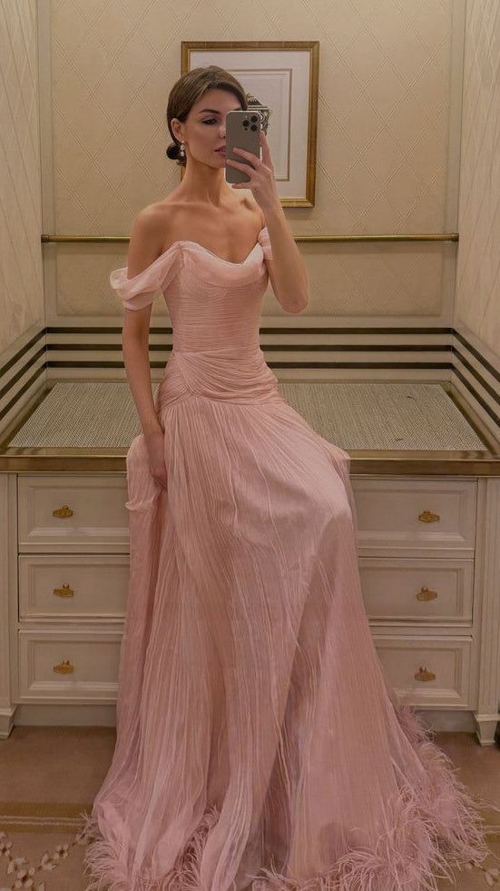 Elegant Off The Shoulder Pink Evening Prom Dresses Chiffon Pleated Party Dress Formal Dress N586