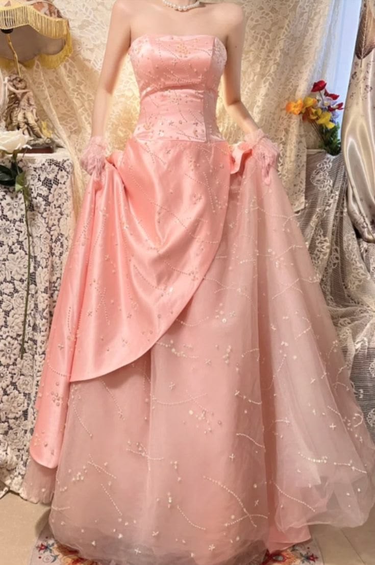 Elegantes, ärmelloses, trägerloses, langes, rosafarbenes Ballkleid mit Perlenbesatz, A-Linie, Modell N588
