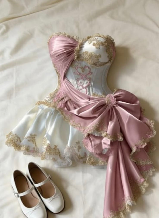 Wunderschönes Ballkleid, Neckholder, Pink mit goldener Spitze, Minikleider für den Abschlussball, Kurze Inspo für Senior Homecoming Outfits RB3558