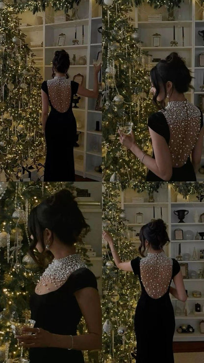 Schwarzes Samt-Abendkleid mit Perlenverzierungen, Partykleid, Geburtstagskleid, Ballkleid AB1634