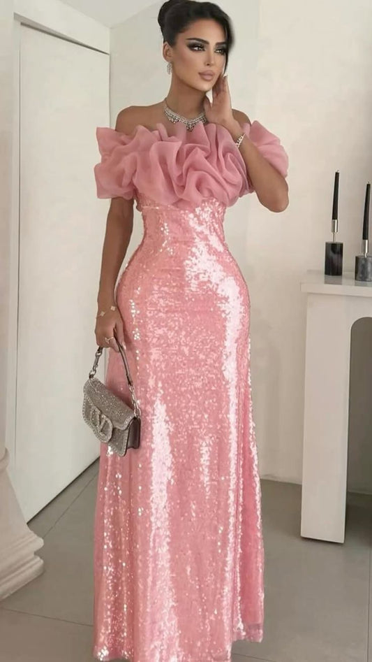 Sexy schulterfreies, rosafarbenes Meerjungfrauen-Ballkleid für Damen mit Ärmeln N4162