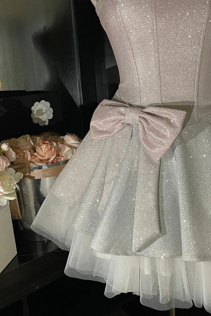 Sparkly Ball Gown Spaghetti Strap Pink Sequin Mini Senior Inspo Short Party Outfits Formal Homecoming Dresses RB3029