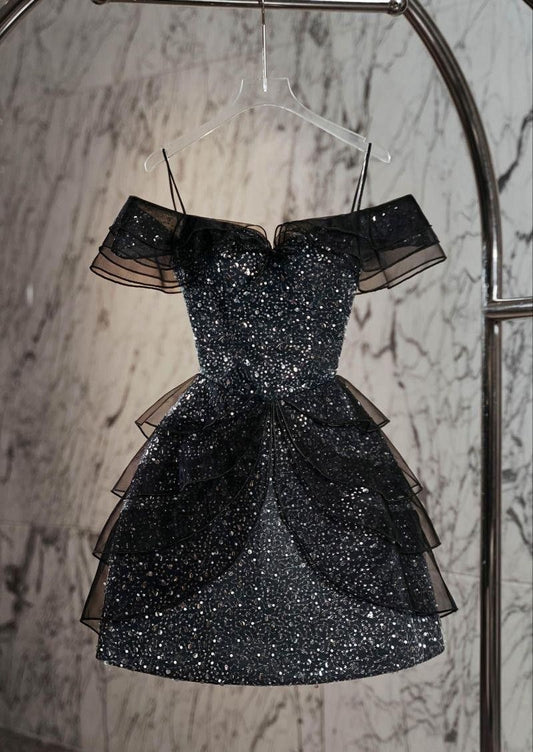 Modest Hoco Dress Homecoming Dresses A line Off The Shoulder Black Sequined 17th Birthday Party Outfits RB6409