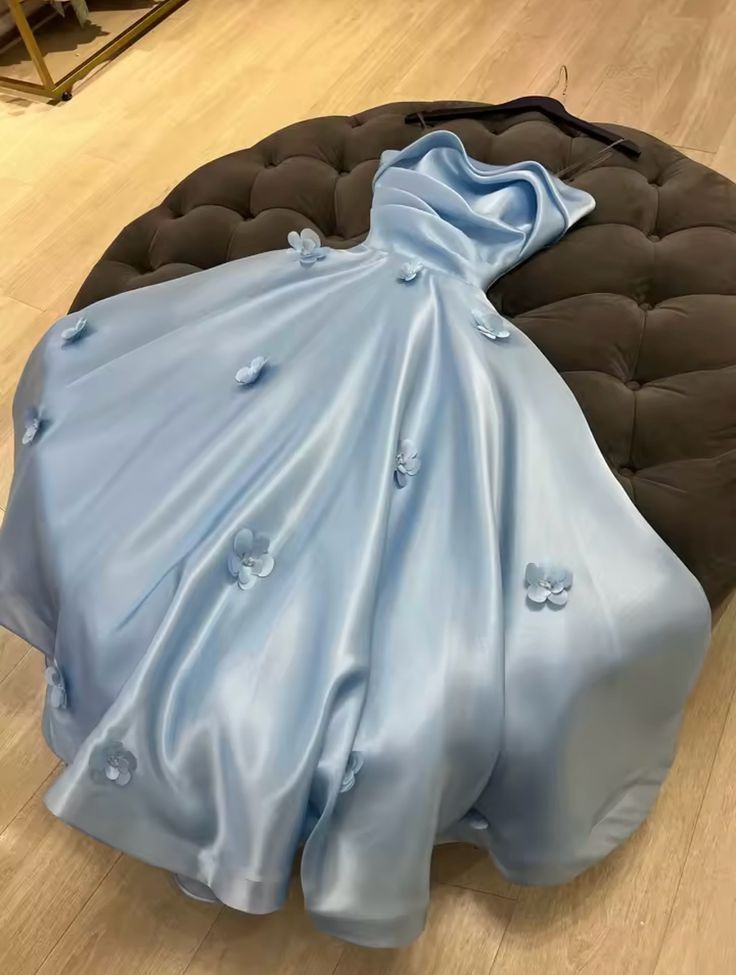 Modest Blue Prom Dress A Line Strapless Floor Length Satin Party Evening Night Birthday Gown RC1171