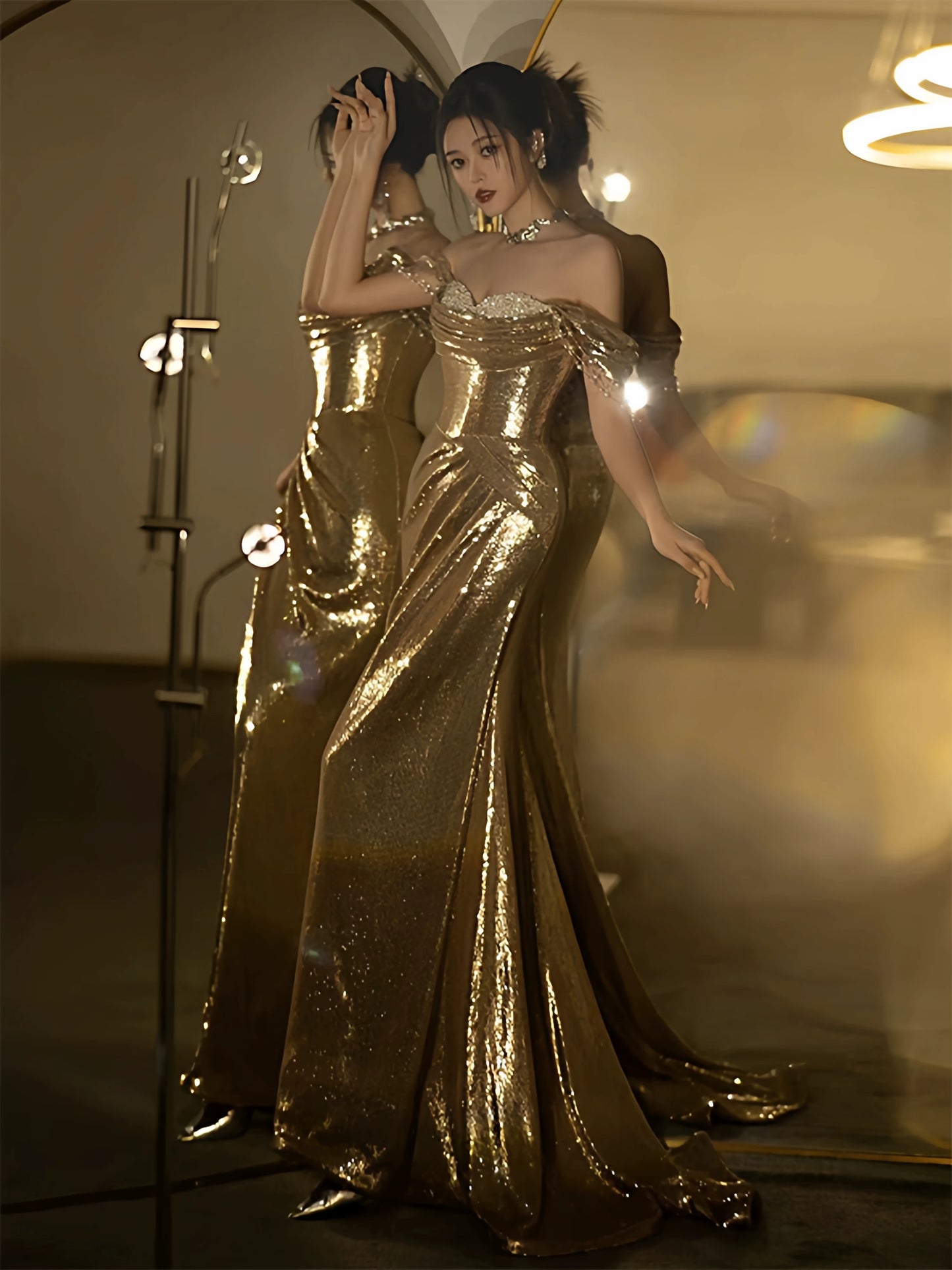Mermaid Off The Shoulder Gold Sequin Short Sleeves Prom Dresses Inspiration Long Night Outfits Birthday Outfit AB2211