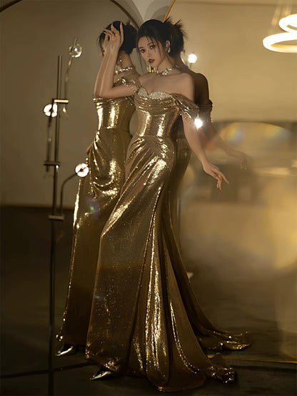 Mermaid Off The Shoulder Gold Sequin Short Sleeves Prom Dresses Inspiration Long Night Outfits Birthday Outfit AB2211