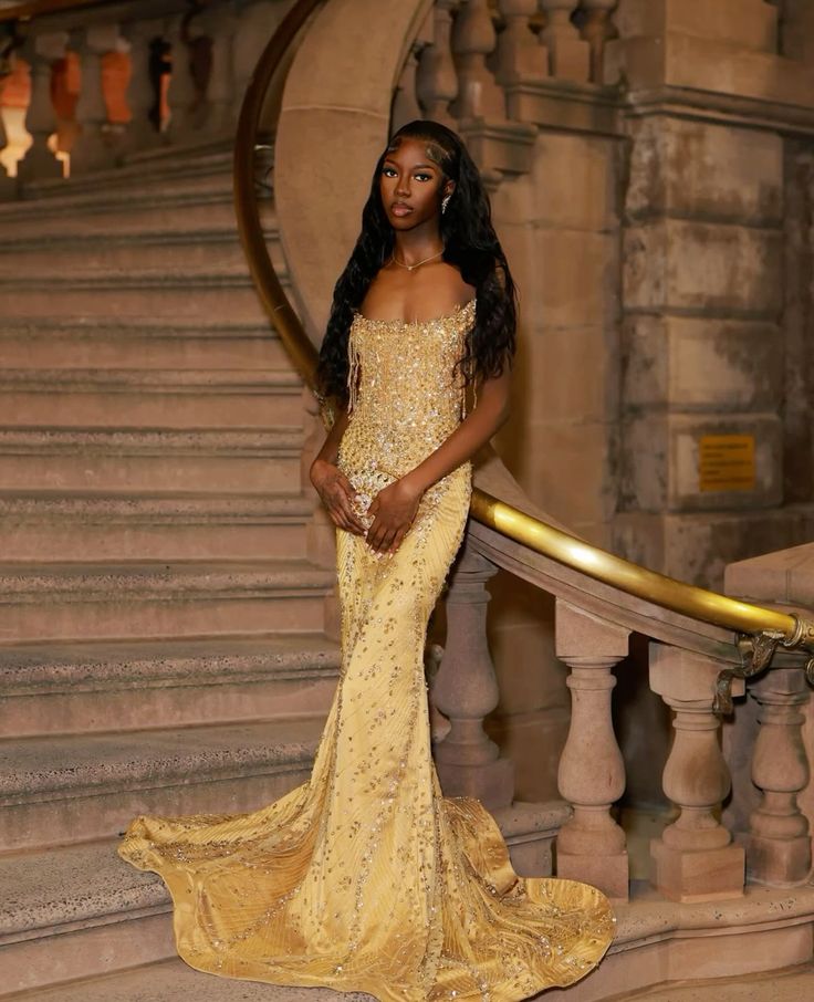 Sparkly Prom Dresses Mermaid Strapless Yellow Sequined For Black Women Long Party Evening Formal Gown RC1180