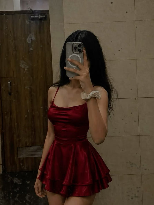 Sexy A line Spaghetti Strap Burgundy Satin With Fold Freshman Short Mini Graduation Dresses Inspo Senior Homecoming Outfits RB4726