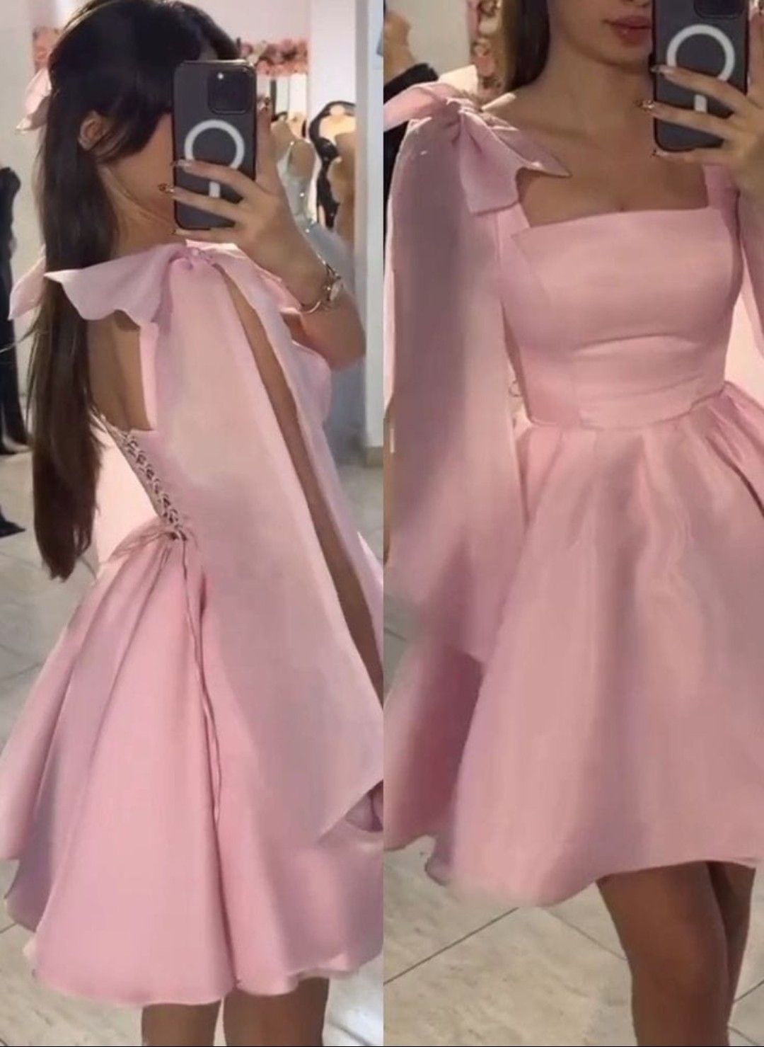 Classic A line Spaghetti Strap With Bow Pink Short High Shool Grad Hoco Outfit Homecoming Dresses RB4656