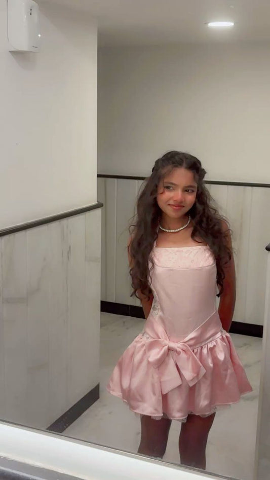 Cute A Line Halter Light Pink With Bow Satin Hoco Gown Homecoming Dress Mini Party Dresses RB6497