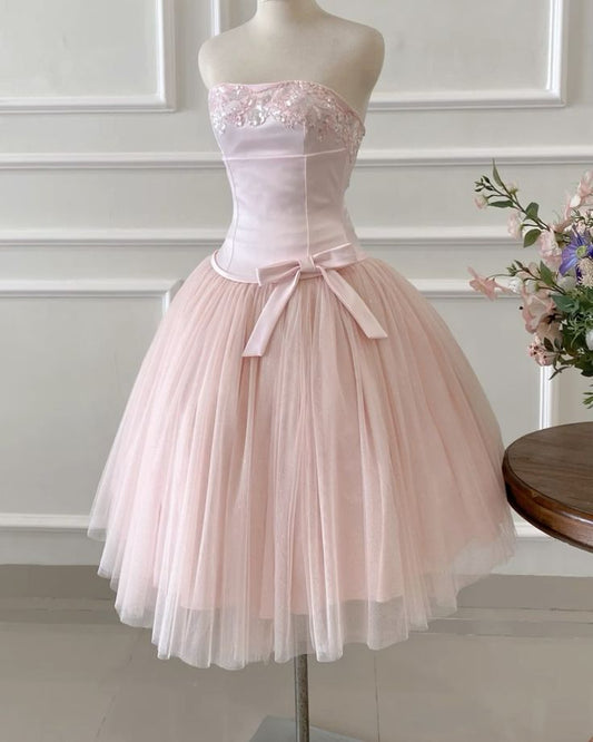 Unique Ball Gown Strapless Pink Lace With Bow Tea Length Hoco & Homecoming Dress Inspo Graduation Dresses RB6498