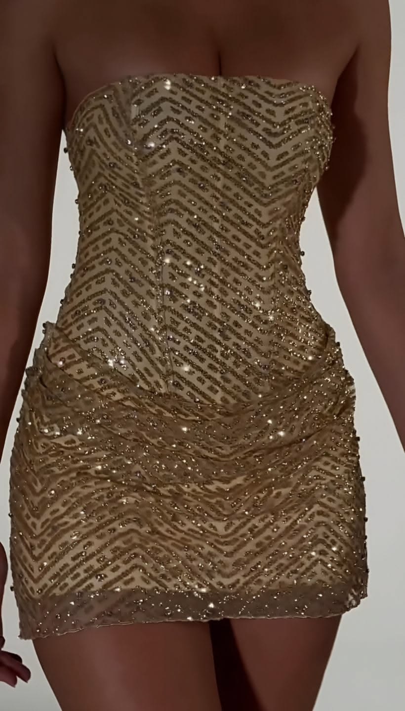 Sexy Hoco Dress Strapless Gold Sequin Sheath Bodycon Tight Short Homecoming Party Dress RB9304