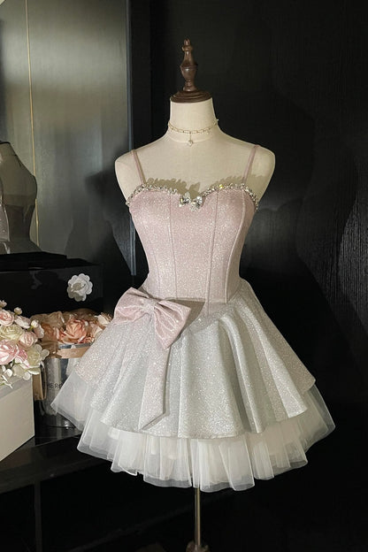 Sparkly Ball Gown Spaghetti Strap Pink Sequin Mini Senior Inspo Short Party Outfits Formal Homecoming Dresses RB3029